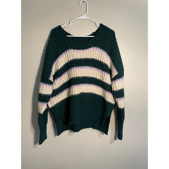 Aerie Chunky Knit Striped Green Sweater Size Medium - Picture 1 of 11